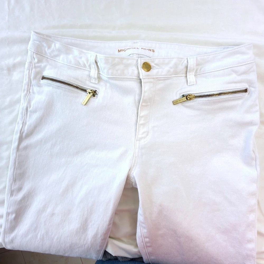 Michael Kors Izzy Skinny White Jeans Womens Size 12 Gold Zip Hardware Stretch